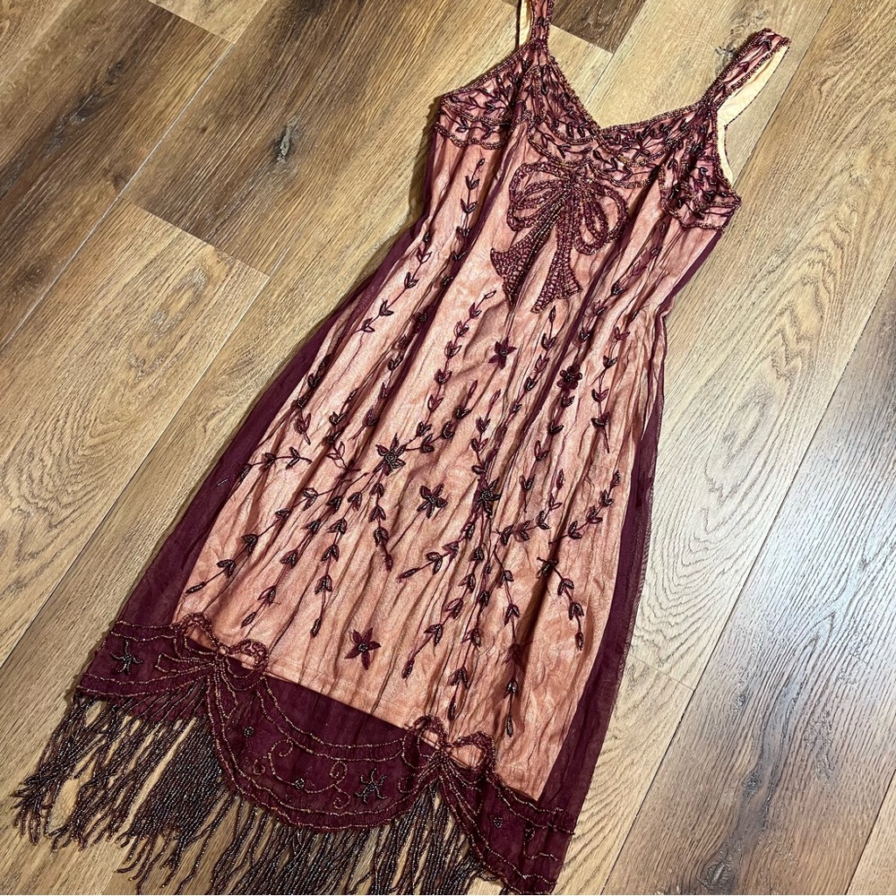 Vintage Y2K Beaded Dress Vintage Embroidered Mesh Burgundy Bow Flapper Dress - Picture 4 of 14